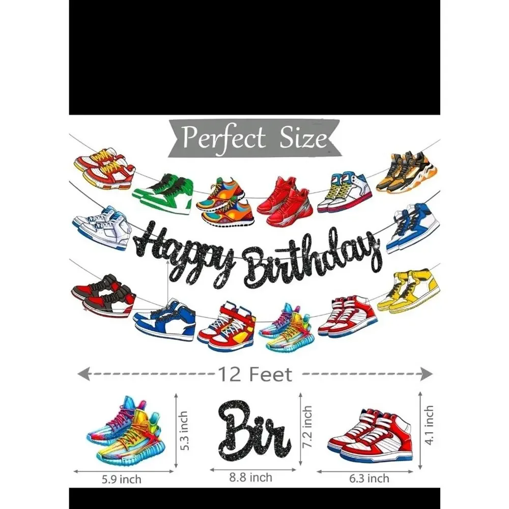 Glitter Black Sneaker Happy Birthday Banners 3Pcs Sports Shoes Theme Party De...